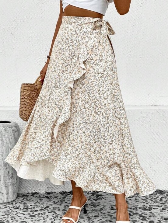 SHEIN Dresses & Skirts - Cream Floral Ruffle Wrap Maxi Skirt